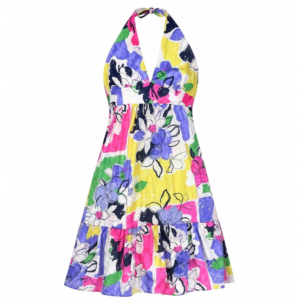 NWT Ophelia Rose Halter Maxi Dress Women 1X Floral Tiered Flowy Dopamine Bright